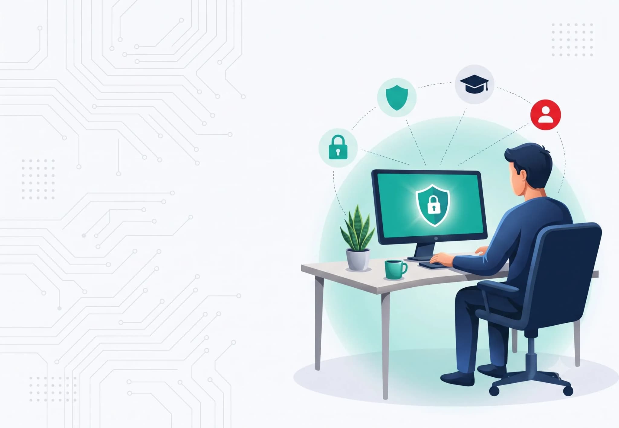 A student learning cyber security online with a security dashboard on screen