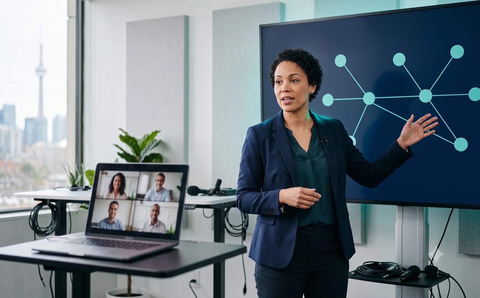 An instructor teaching a live online cyber security class to a small cohort